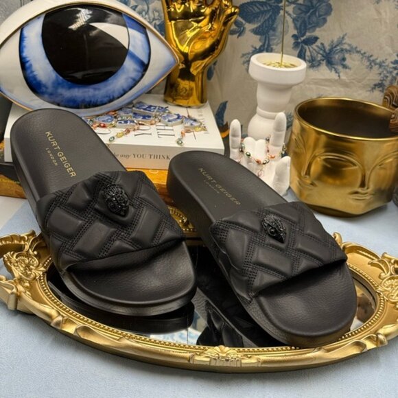 🆕 KURT GEIGER LONDON 🧿 NWOB Meena Eagle Drench Slide, All Black - Sz 38 US 7.5 - Picture 3 of 12